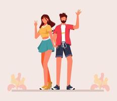 homme et femme debout avec des poses de bienvenue et illustration vectorielle de geste, homme et femme bonjour geste design plat vecteur
