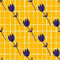 modèle sans couture de silhouettes abstraites de fleurs lumineuses. tulipes profilées bleu marine sur fond jaune avec carreaux. vecteur