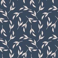 motif de doodle vintage sans couture avec impression de branches de feuilles de scandi blanches aléatoires. fond bleu marine. vecteur