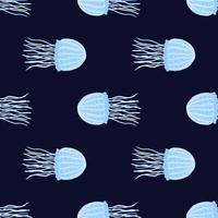 motif de doodle sans couture marine avec des éléments de méduses. imprimé aqua dans les tons bleus sur fond bleu marine foncé. vecteur