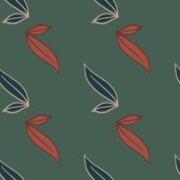 motif de griffonnage harmonieux de tons sombres minimalistes avec ornement de feuilles de couleur bleu marine et orange. fond vert. vecteur