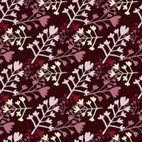 motif floral sans couture aléatoire avec des branches dans des tons sombres. silhouettes botaniques dans des tons doux de gris, rose et jaune sur fond bordeaux. vecteur