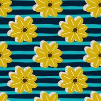 marguerite jaune décorative fleurs motif doodle sans soudure. fond rayé bleu marine. vecteur
