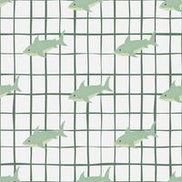 motif animal sans couture de l'eau de la faune avec des formes de requin vert. fond à carreaux blancs. vecteur