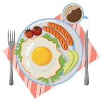 petit déjeuner traditionnel. vue de dessus. œufs brouillés, saucisses, tomates et avocat haché. café. pique-nique. vecteur