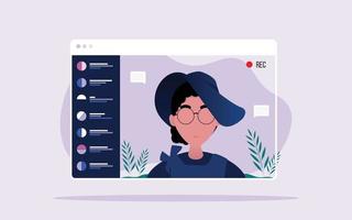 une femme qui se livre à une activité utilise un appel vidéo pour fournir des informations à son public. illustration vectorielle plane vecteur