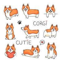 ensemble de doodle avec des personnages mignons chiens de race corgi. illustration vectorielle. vecteur