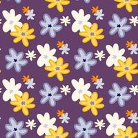 motif harmonieux d'été lumineux avec des silhouettes abstraites de camomille sur fond violet. éléments de fleurs blanches, bleues et jaunes. vecteur