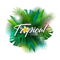 Été Tropical Paradise Illustration avec lettre de typographie et de plantes exotiques sur fond blanc. Conception de vacances de vecteur avec des feuilles de palmier et Phylodendron