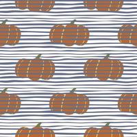 modèle sans couture de citrouille doodle. éléments alimentaires orange foncé sur fond blanc avec des bandes bleues. vecteur