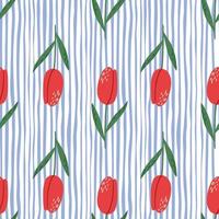 motif de printemps harmonieux et lumineux avec des silhouettes de tulipes dessinées à la main. fleurs rouges sur fond rayé avec des lignes blanches et bleues. vecteur