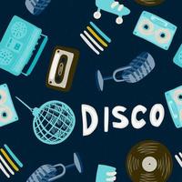 doodle ball, microphone, rouleaux, cassette, magnétophone, vinyle, modèle sans couture de formes d'enregistrement. ornement disco dans des tons bleu vif sur fond bleu marine. vecteur