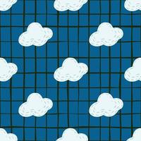 doodle modèle sans couture avec des silhouettes de nuages blancs dessinés à la main. imprimé météo avec fond à carreaux bleu foncé. vecteur