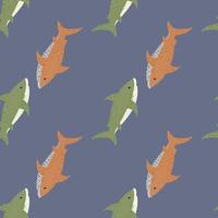 modèle sans couture de dessin animé minimaliste avec des requins verts et orange. fond bleu pastel. vecteur