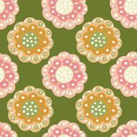 bourgeons folkloriques de couleur rose et beige silhouettes motif sans couture dans le style doodle. fond d'olive verte. vecteur