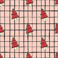 doodle rouge biscuit de noël sapin silhouettes motif sans couture. fond à carreaux rose clair. décor d'hiver. vecteur