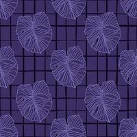 palette sombre foral motif de doodle sans couture avec des sihouettes de feuilles de monstère. illustration de couleur violette avec fond à carreaux. vecteur