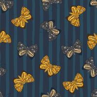 motif décoratif harmonieux d'éléments papillon imprimés botaniques dans un style folklorique. fond rayé bleu marine. vecteur