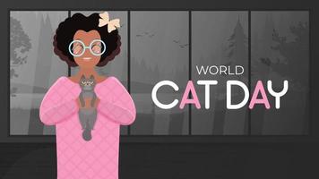 bannière de la journée mondiale du chat. une fille à la peau foncée aux cheveux bouclés tient un chat gris. fille afro-américaine jouant avec un chat. style plat. vecteur