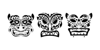 ensemble de visages de tatouage ou de masques de style ornement. motifs tribaux polynésiens, maoris ou hawaïens. vecteur