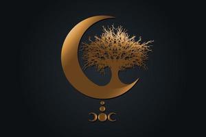 lune mystique d'or, arbre de vie signe wicca. géométrie sacrée. logo de luxe doré, croissant de lune, demi-lune symbole de la triple déesse païenne wiccan, cercle d'énergie, vecteur isolé sur fond noir