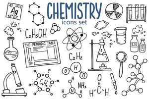 jeu d'icônes de symboles de chimie. conception de doodle de sujet scientifique. concept d'éducation et d'étude. retour à l'arrière-plan fragmentaire de l'école pour cahier, pas de bloc-notes, carnet de croquis.