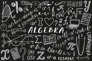 jeu d'icônes de symboles mathématiques. conception de doodle sujet algèbre ou mathématiques. concept d'éducation et d'étude. retour à l'arrière-plan de l'école pour cahier, pas de bloc-notes, carnet de croquis. illustration dessinée à la main. vecteur