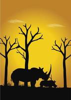 silhouette de rhinocéros et jeune petit rhinocéros sur fond jaune vecteur