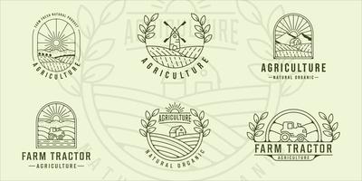 ensemble de tracteur agricole agriculture dessin au trait logo illustration vectorielle modèle icône conception graphique. collection groupée de diverses vues de paysage avec badge de typographie vecteur