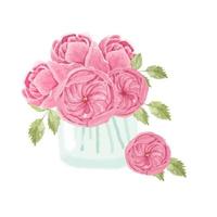 bouquet de roses anglaises roses dessinés à la main à l'aquarelle en verre isolé sur fond blanc vecteur