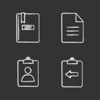 ensemble d'icônes de craie ui ux. bloc-notes, ind d'affectation, fichier, presse-papiers avec flèche gauche. illustrations de tableau de vecteur isolé