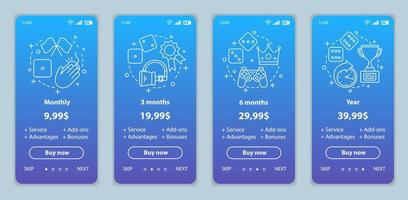 abonnement aux jeux intégrant des écrans d'applications mobiles avec des prix de service. modèles de pages de site Web pas à pas. payer pour jouer. réalité virtuelle, jeux d'argent. étapes des plans tarifaires. vecteur