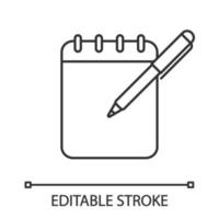 bloc-notes avec icône linéaire de stylo. prendre des notes. illustration de la ligne mince. liste de choses à faire. planificateur. plan d'action. plans d'affaires, objectifs, tâches par écrit. symbole de contour. dessin de contour isolé de vecteur