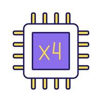 icône de couleur du processeur quad core. microprocesseur à quatre cœurs. micropuce, jeu de puces. CPU. unité centrale de traitement. ordinateur, processeur multi-cœur de téléphone. circuit intégré. illustration vectorielle isolée vecteur