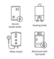 ensemble d'icônes linéaires de chauffage. chaudière électrique, chauffe-eau instantané gaz et électrique, chaudière à combustible solide. symboles de contour de ligne mince. illustrations vectorielles isolées. trait modifiable vecteur