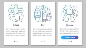 écran de page d'application mobile d'intégration des achats en ligne avec des concepts linéaires. sélectionnez, e paiement, recevez les instructions graphiques des étapes du colis. ux, ui, modèle vectoriel gui avec illustrations