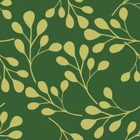 motif sans couture d'ornement de feuille d'eucalyptus beige aléatoire. fond vert. ornement de doodle dessiné à la main. vecteur