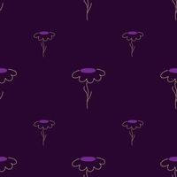 motif harmonieux sombre de saison avec des fleurs de camomille profilées de champ botanique. fond violet. vecteur