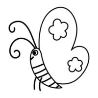 icône de vecteur papillon noir et blanc. contour de la page de coloriage des insectes des bois, des forêts ou des jardins. illustration de bogue mignon pour les enfants isolé sur fond blanc