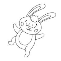 icône de vecteur de lapin de Pâques noir et blanc. contour lapin dansant isolé sur fond blanc. jolie illustration animale adorable pour les enfants. Coloriage drôle de lièvre de printemps avec les yeux fermés.
