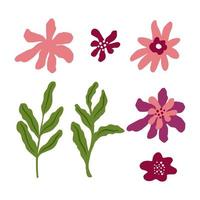 définir les fleurs et le feuillage sur fond blanc. croquis botanique abstrait dessiné à la main dans le style doodle. vecteur