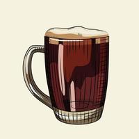 verre de bière brune de style dessiné à la main. chope de bière pleine avec mousse isolée sur fond clair. vecteur