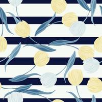 motif sans couture de couleurs vives avec ornement de bourgeon de tulipe jaune et bleu aléatoire. fond rayé bleu marine. vecteur