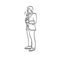 dessin au trait pleine longueur homme d'affaires à l'aide de microphone illustration vecteur dessiné à la main isolé sur fond blanc