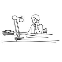 dessin au trait homme d'affaires utilisant un smartphone sur un bureau en désordre illustration vecteur dessiné à la main isolé sur fond blanc