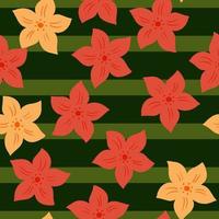 motif décoratif nature harmonieux avec imprimé de fleurs tropicales aléatoires roses et orange. fond rayé. vecteur