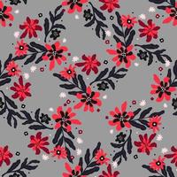 feuilles noires et fleurs rouges motif nature doodle sans couture. fond gris. imprimé botanique. vecteur