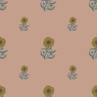motif naturel sans couture dans des tons pâles avec imprimé de branches de tournesol. fond rose pastel. vecteur