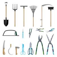 ensemble d'outils professionnels entretien jardin isolé sur fond blanc dans un style plat. sécateur de collection, pelle, fourche, balai, hache, faux, râteau. symboles de la ferme en kit vecteur