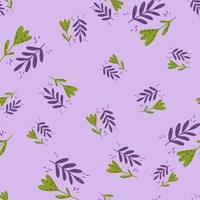 motif aléatoire sans couture avec des feuilles et des fleurs de dessin animé. fond violet clair. vecteur